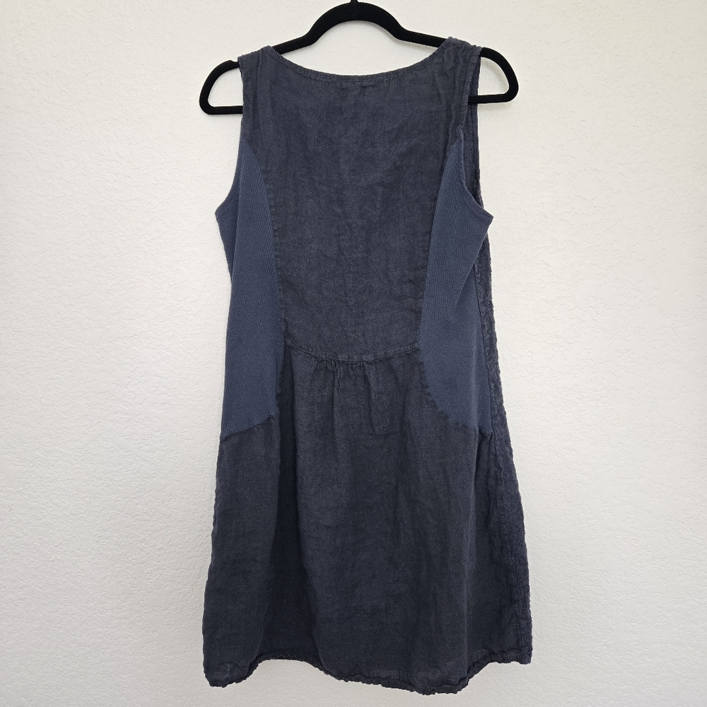 Lina Tomei XL Blue‎ Linen Mini Dress Daisy Floral Embroidery Boxy Cut - Picture 3 of 7